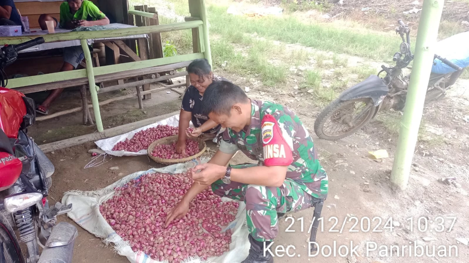 Babinsa Koramil 09/Tiga Balata Kodim 0207/SML Laksanakan Komsos dengan Petani Bawang Merah di Dusun V Parmonangan